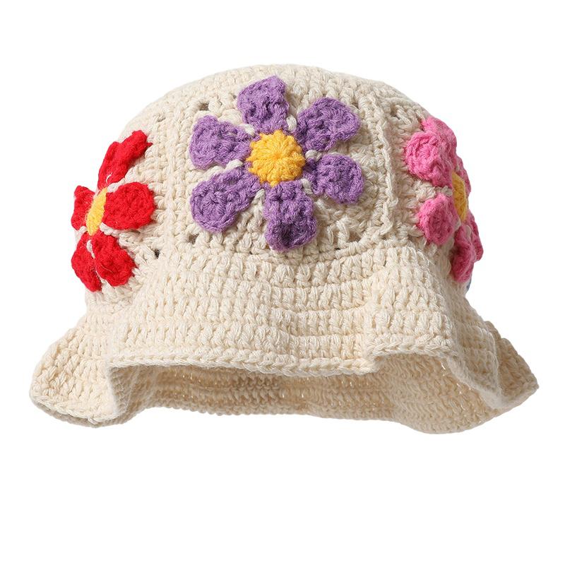 Women Plush Hat Bowler Hat Knitted Hat Breathable Handmade Crochet Vibrant Floral Pattern Cute Hollow Ruffles Colorful 56-58cm