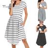 Summer Mother Breastfeeding Dress Openable Front Striped Round Neck Irregular Hem Short Sleeve Pregnant Women Nightdress Midi Dress