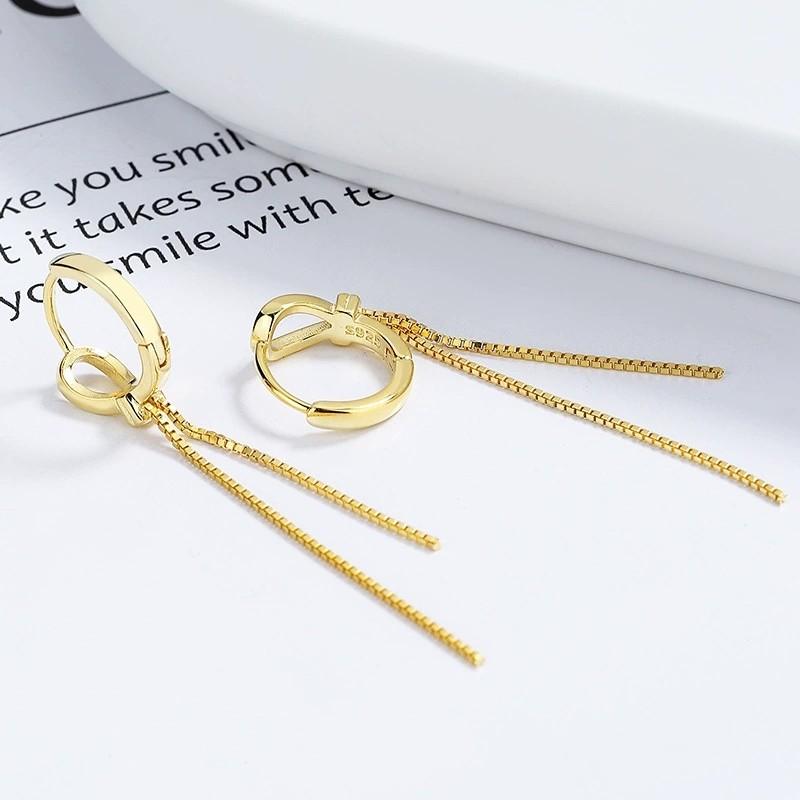 Fashion Jewelry 925 Sterling Silver Simple Box Chain Tassel Drop Hoop Earring for Women 925 Silver Earring