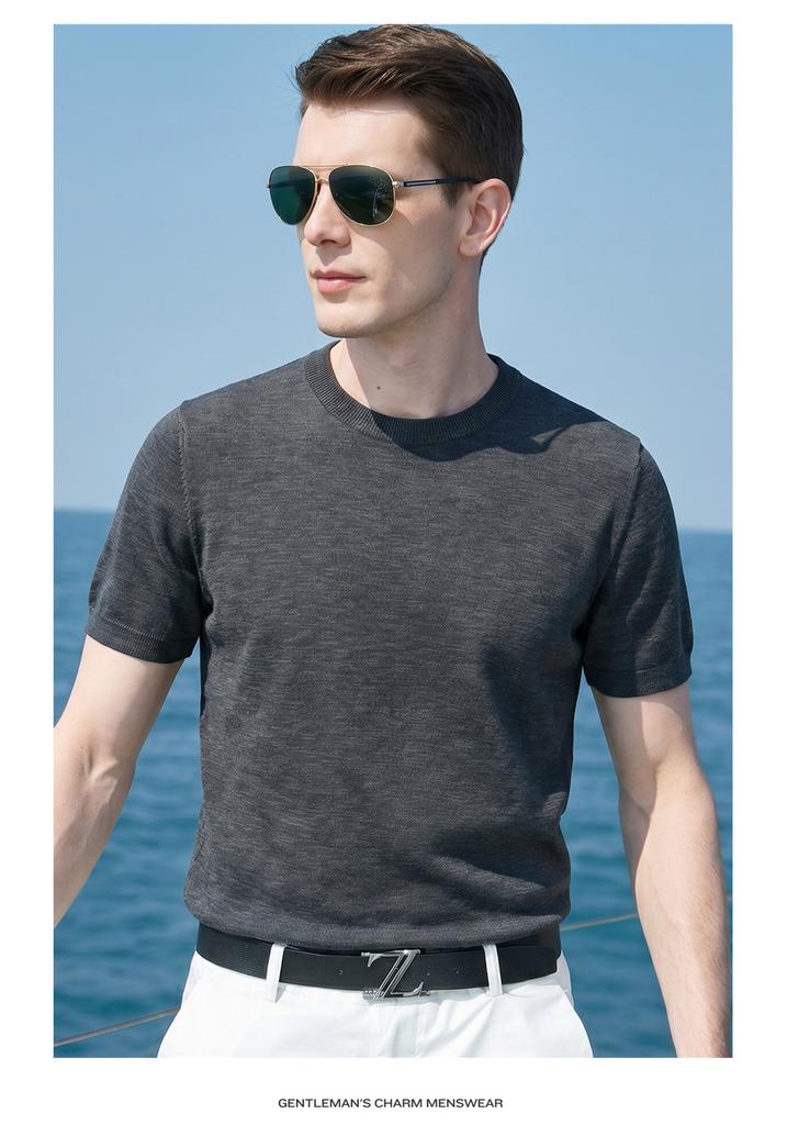 Summer light luxury casual knitted short-sleeved T-shirt made of linen and long staple cotton, men's thin and versatile half-sleeved knitted sweater