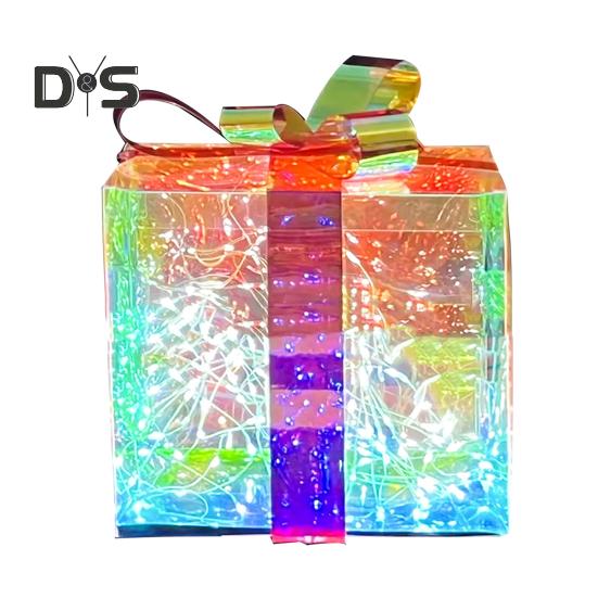 Weihnachtsgeschenkbox mit Kupferdrahtlampe, Blumenbanddekor, transparent, batteriebetrieben oder per USB aufladbar, Glitzereffekt, Nachtlicht, Home-Party-Dekor
