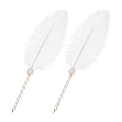PATIKIL Feather Set of Vintage Feather 1mm Black Signing Ballpoint Pens with Fluffy Crystal Pearl Ribbon Wedding Bridal Party Signing White Pens, 2,