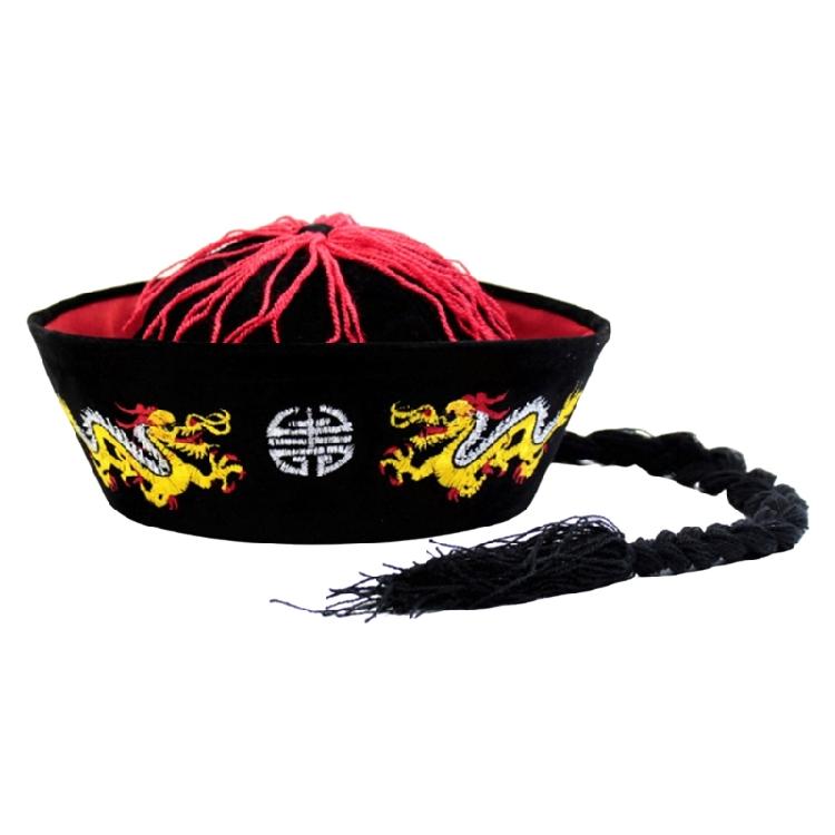 Ancient Chinese Mandarin Hat with Pigtail Halloween Costume Accessories for Men Women Halloween Party Outfit Accessory