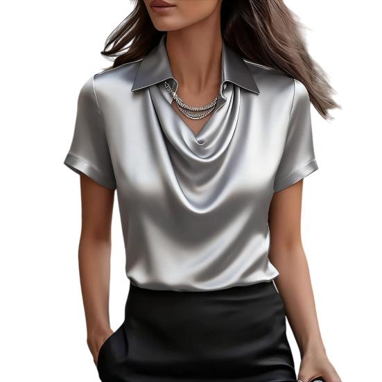 Damen Oberteile Revers Schwingender Kragen Kurzarm Lässiges Hemd Glattes Satin Lockere Passform Sommer Hemd Oberteile Tägliche Kleidung