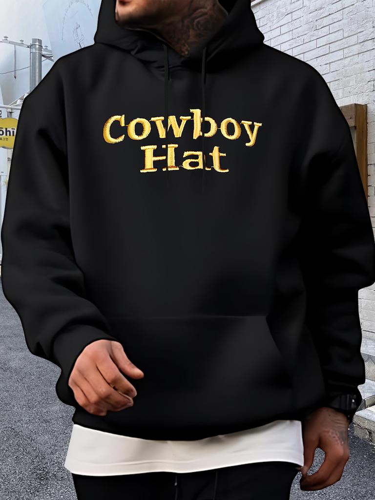 Casual Black hoodie with "Cowboy Hat" Graphic - 100% Polyester