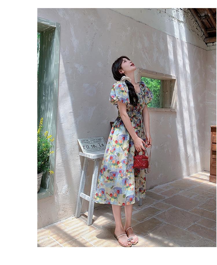 French Retro Floral Puff Sleeve Dress - Summer 2025 Waist-Slimming Holiday Beach Style