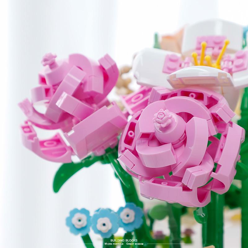 1177Pcs Rose Flowers Basket Building Blocks Toys Eternal Flowers With Lights Mini Blocks Toys For Girls Valentines'S Day Gifts