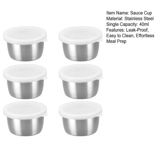 1/6Pcs Salad Dressing Containers 40ml Stainless Steel Sauce Cup Reusable Leak-Proof Condiment Sauce Dip Containers with Silicone Lids