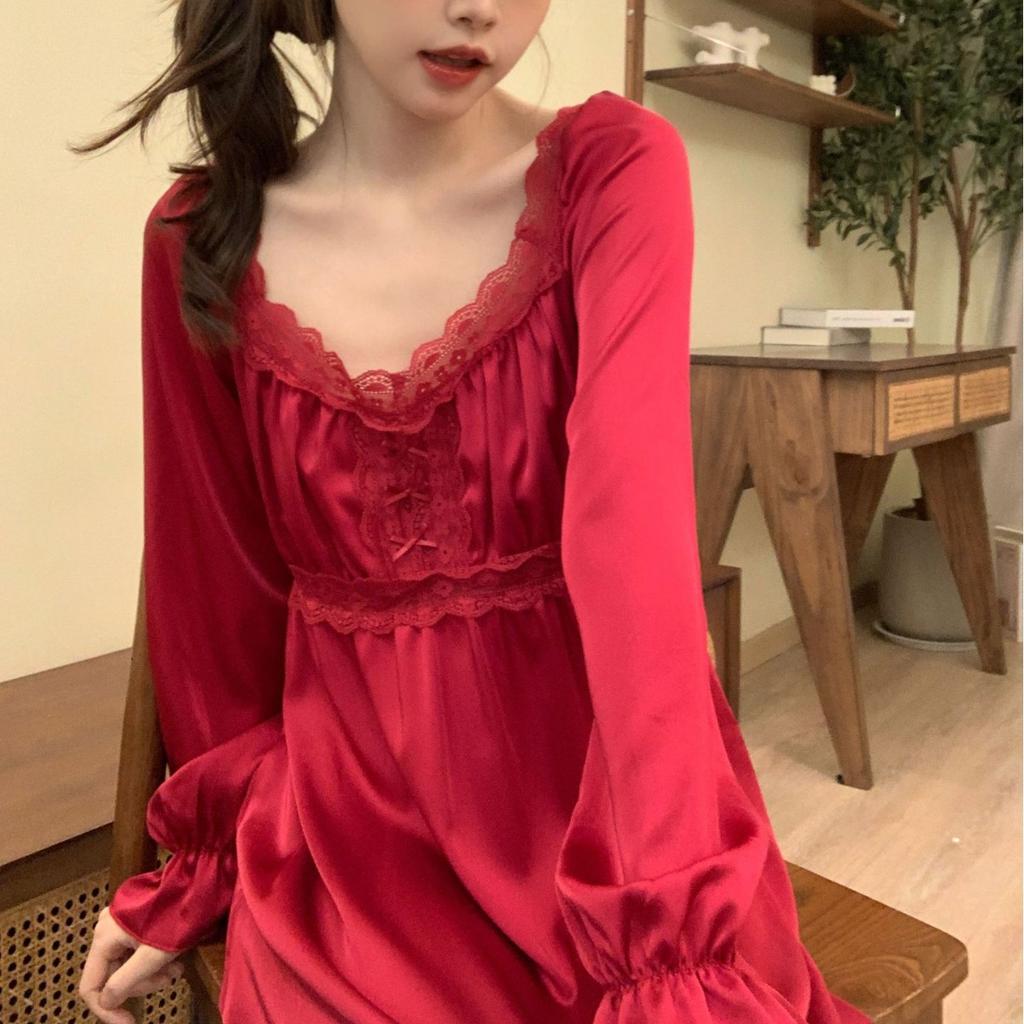 Spring and summer new pajamas fairy long dress French long nightdress princess style sweet loungewear court girl pajamas