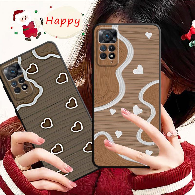 Fashion Brown Love Wood Grain Texture Case For Xiaomi Redmi Note 11t 11s 11 10 8 Pro 9 9s 9t 8t For Mi 10 8 9a 9c 10c 12c K60