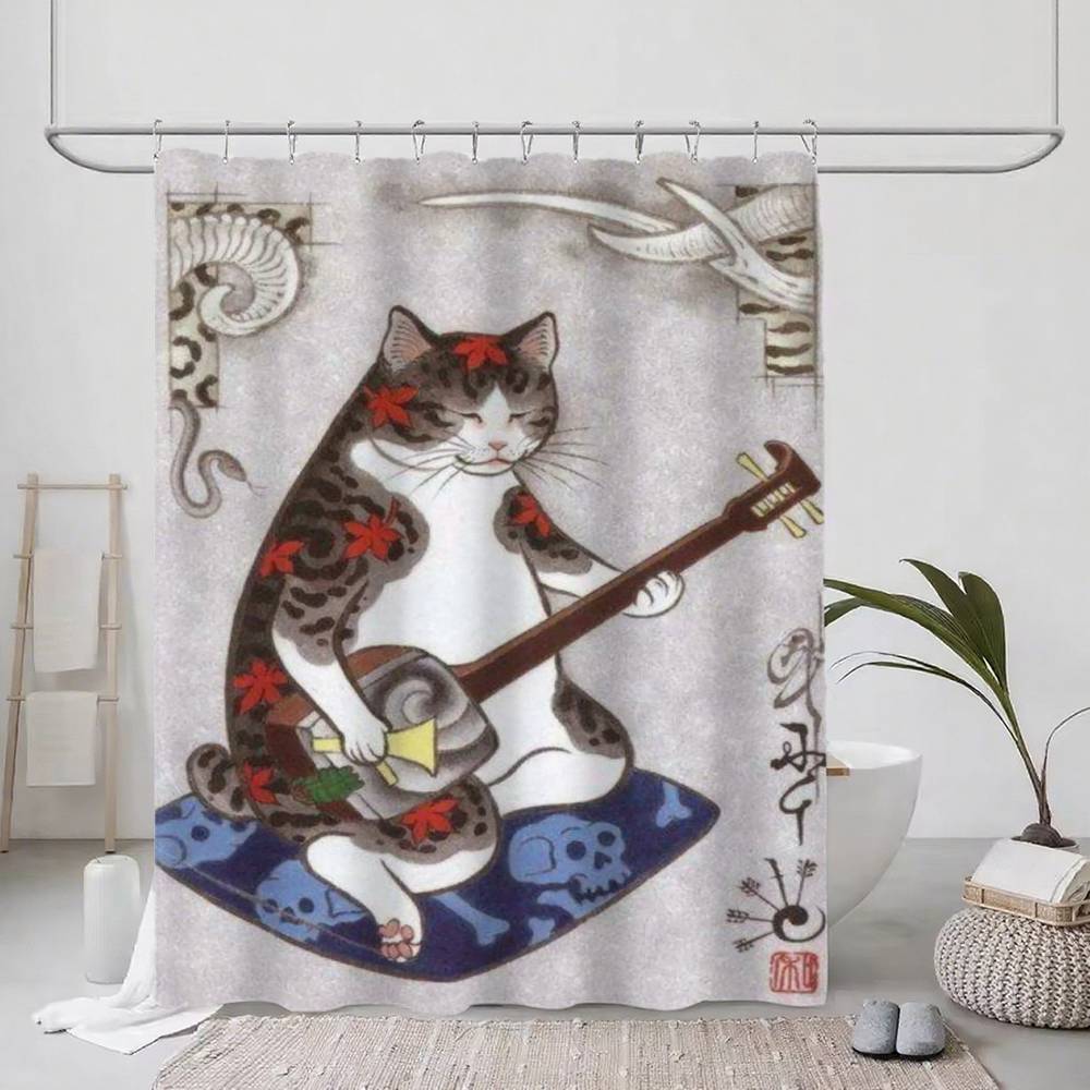 Japanese Cat Classic Vintage 1pc Pattern Shower Curtain Plus Hooks Waterproof Machine Washable Polyester Fabric Abstract