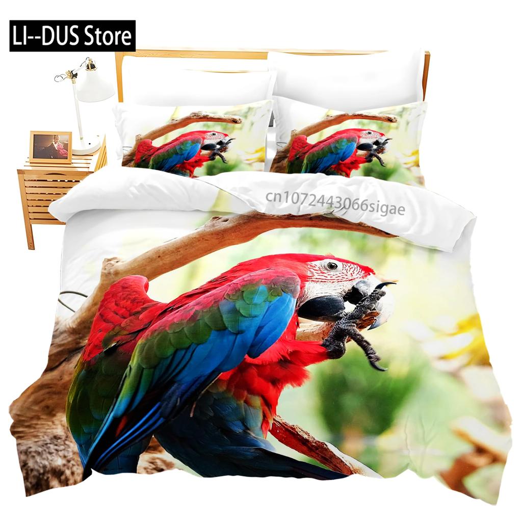 Tropical Leaves and Parrot Birds 3 Piece Bedding Set with Soft Duvet Cover and 2 Pillow Shams Printed Decoration for All Seasons