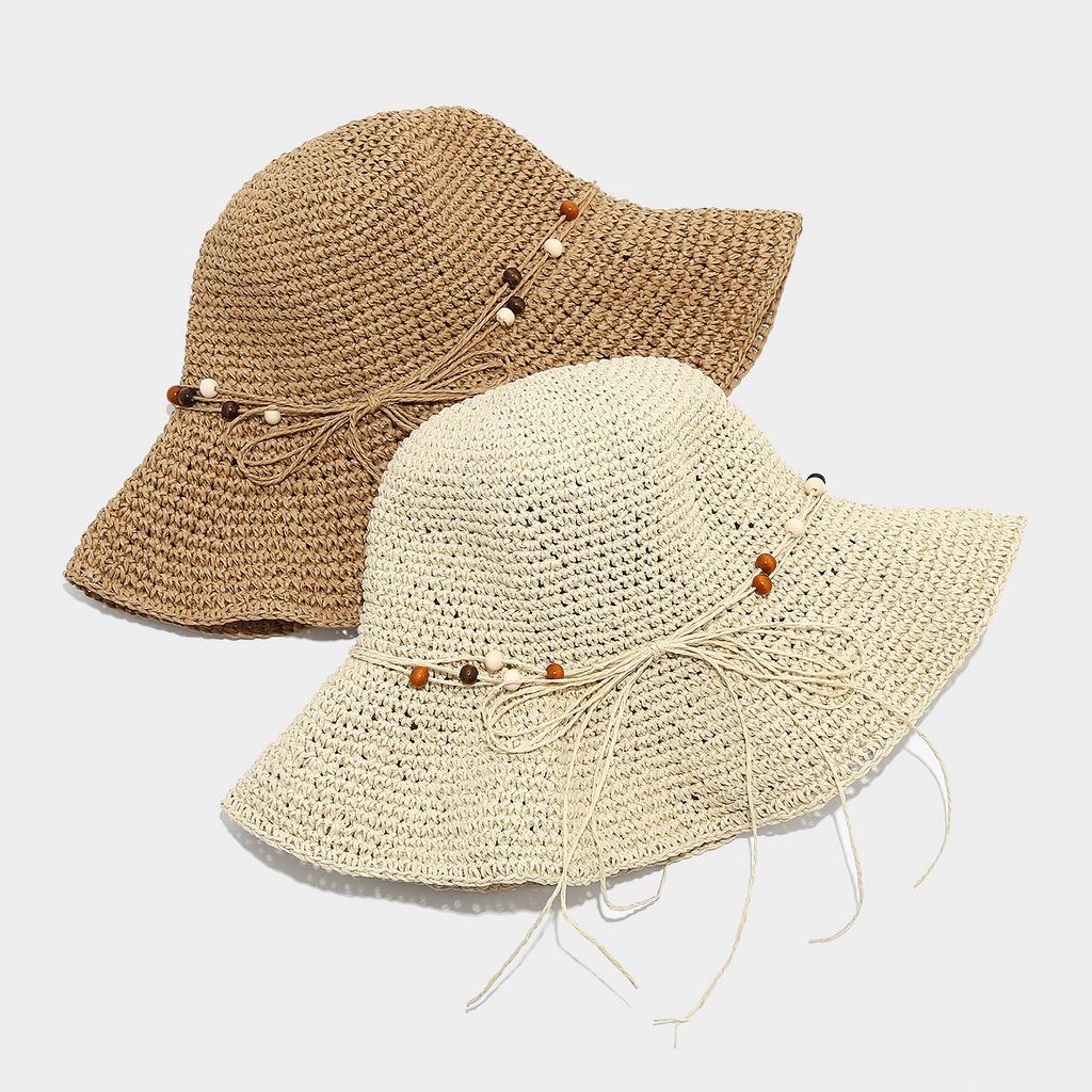 Mori Hollow Straw Bucket Hat Female Bohemian Wind Wood Bead Design Seaside Vacation Sunshade Sunscreen Hat