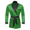Mens Contrast Smoking Jacket Robe Belt Lapel Long Sleeve Side Pockets Satin Kimono Bathrobe Nightwear Loungewear