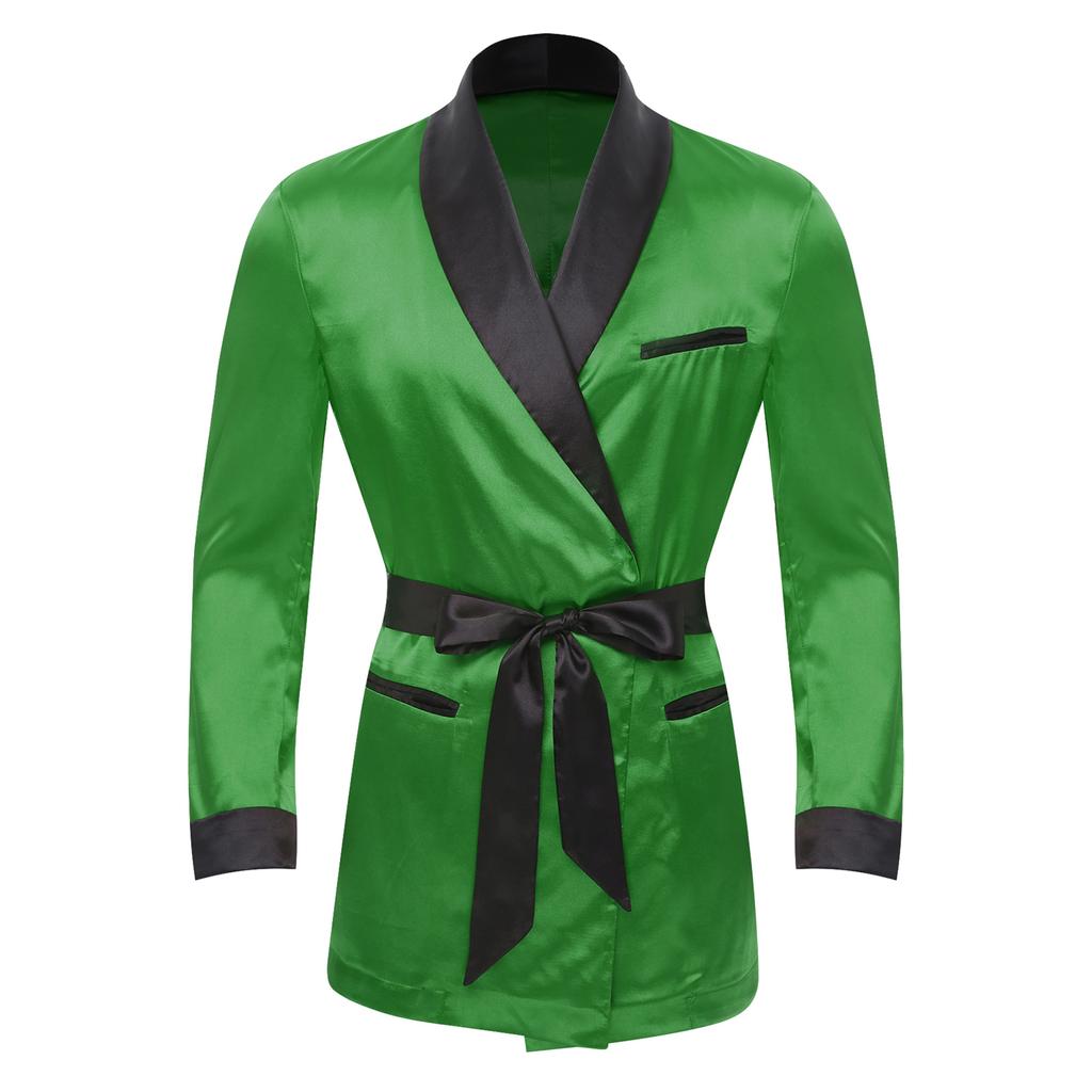 Mens Contrast Smoking Jacket Robe Belt Lapel Long Sleeve Side Pockets Satin Kimono Bathrobe Nightwear Loungewear