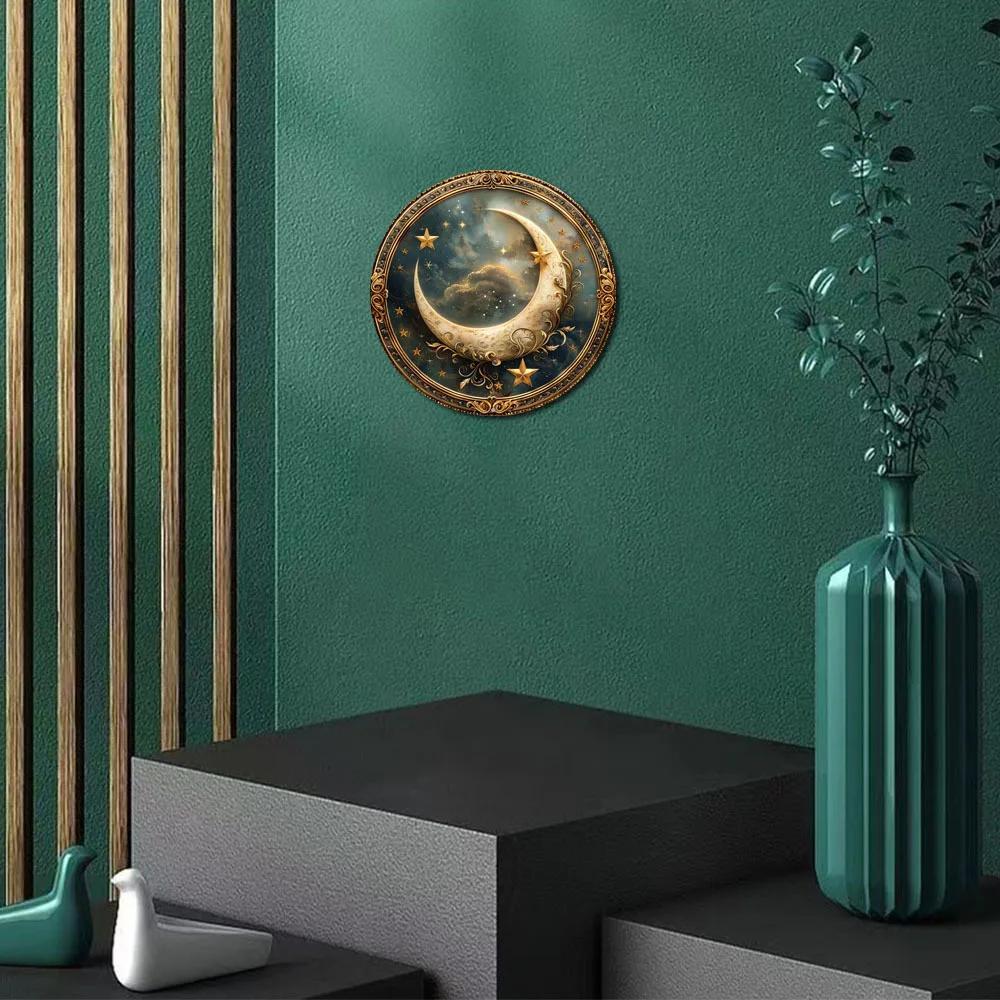Round Wooden Decor Sign, Vibrant Stars and Moon Themed Wreath Design, Perfect for Home, Cafe, Wall Decoration