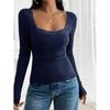 Spring/Summer Solid Color Top for Women Casual Slim Fit Ribbed U-Neck Lace Long-Sleeve T-Shirt