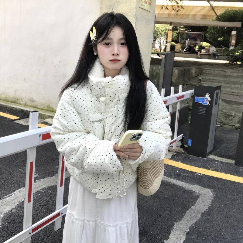 Polka dot sweet short fluffy lapel cotton-padded jacket female students winter new thickened warm cotton clothes