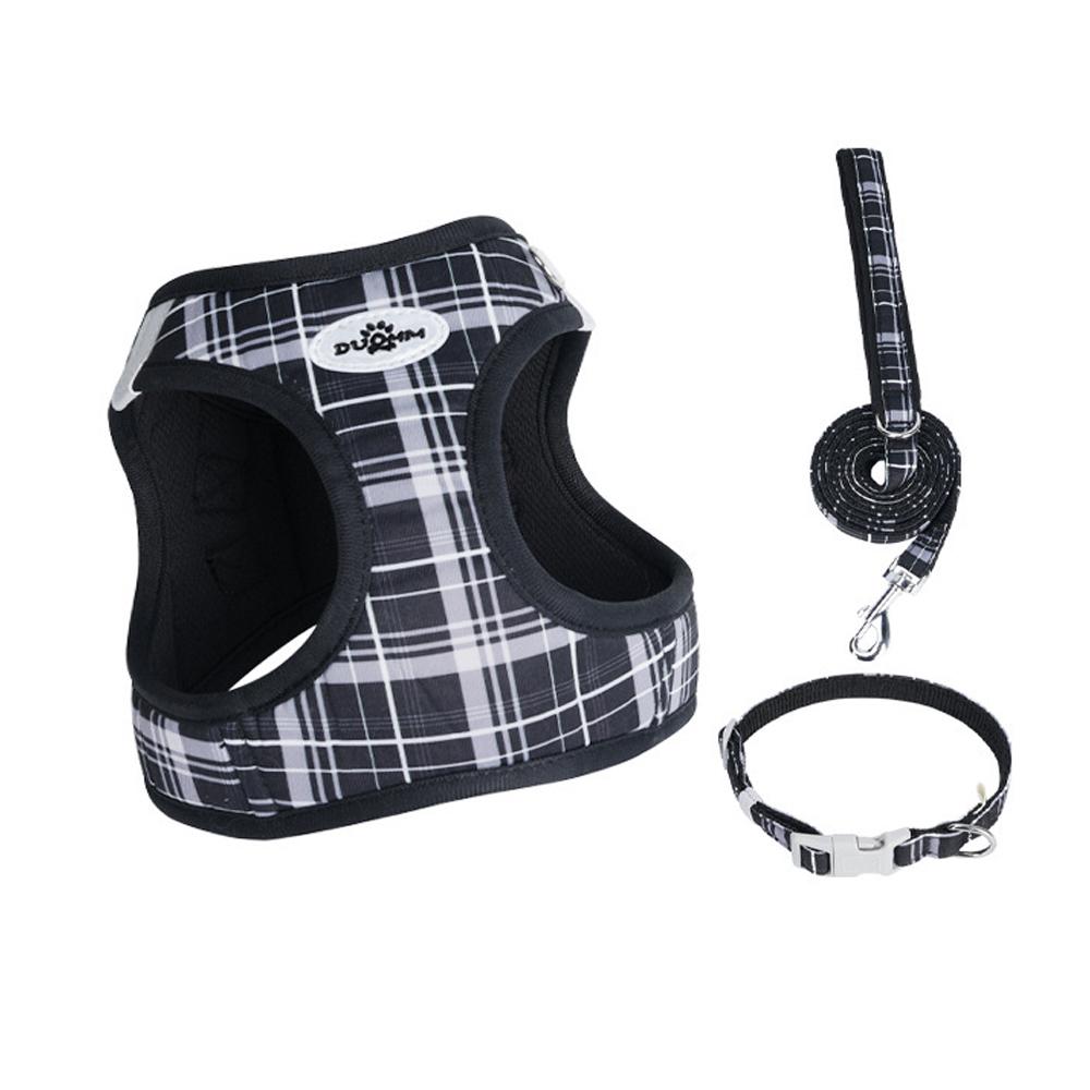3-Piece Dog Harness Collar and Leash Set, Plaid Adjustable Puppy Vest Harness, Comfortable Pet Walking Set for Small Dogs and Ca