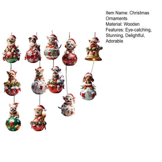 12 Pcs Wooden Christmas Ornaments Cartoon Cat/Dog On The Ball Christmas Hanging Decorations for Xmas Tree Car Window Decor