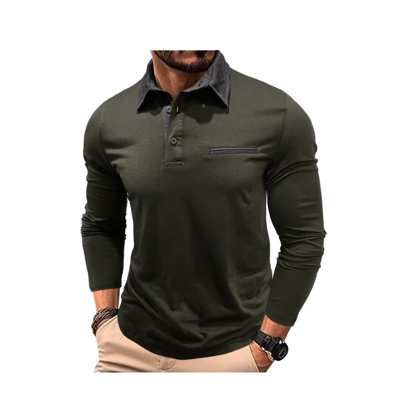 Men Long Sleeve Polo Shirt with Contrast Color Collar Casual Pocket Top S зелёный