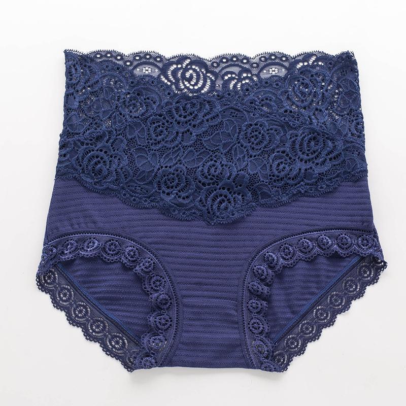 

Сексуальное бесшовное нижнее белье с высокой талией для женщин из чистого хлопка с кружевными краями, утягивающее талию, нижнее белье большого размера L темно-синий