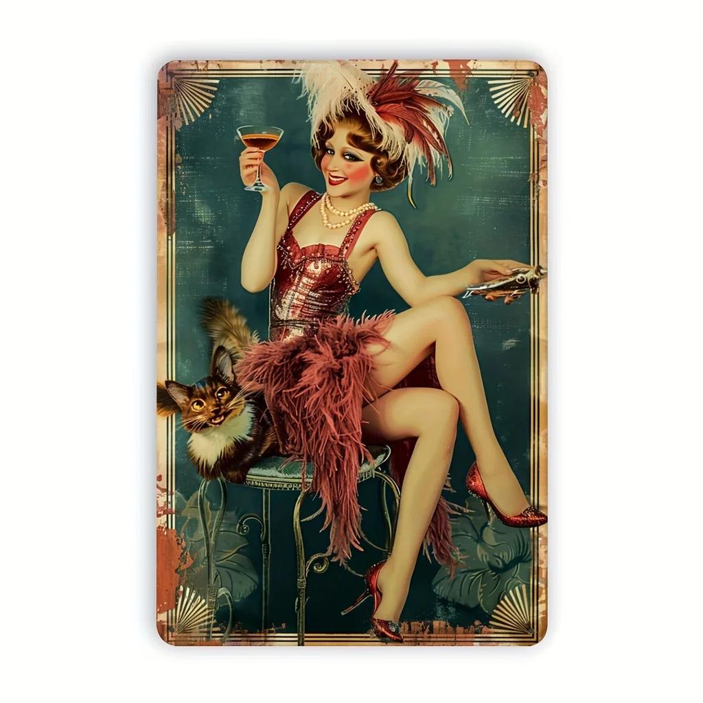 Placa Metálica Vintage Pinup Girl Café Encantadora Arte de Parede Para Casa Café Bar Apartamento & Decoração de Restaurante - Presente de Feriado Perfeito