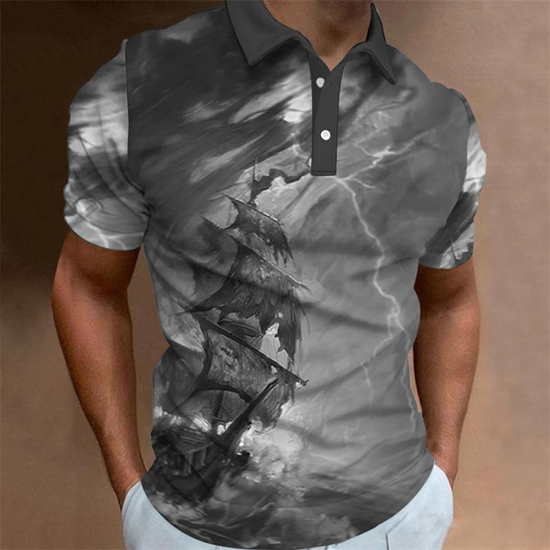 Trendy! Nautical sailing ship print short-sleeve polo shirt