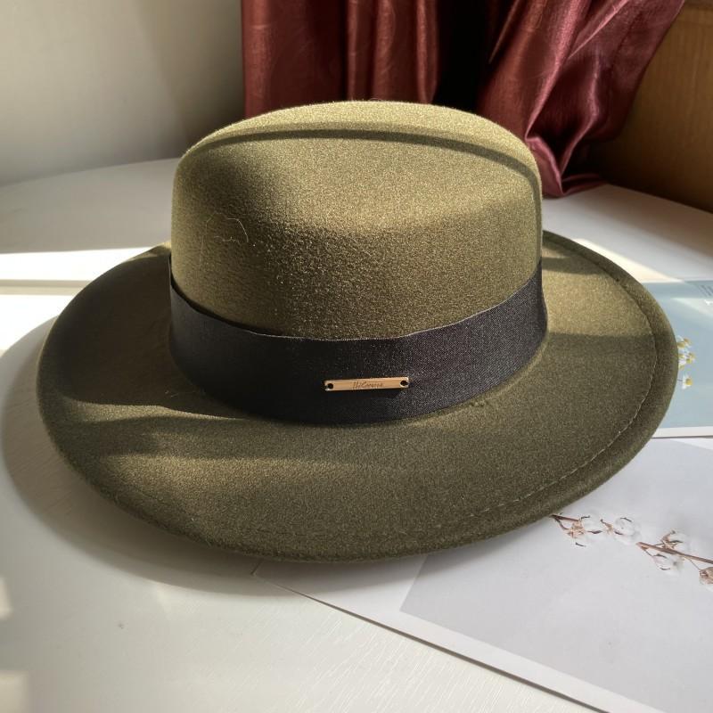Hat Women's Autumn and Winter Flat Top Hat Wool Felt Hat British Retro French Elegant Fashion Versatile Warm Hat