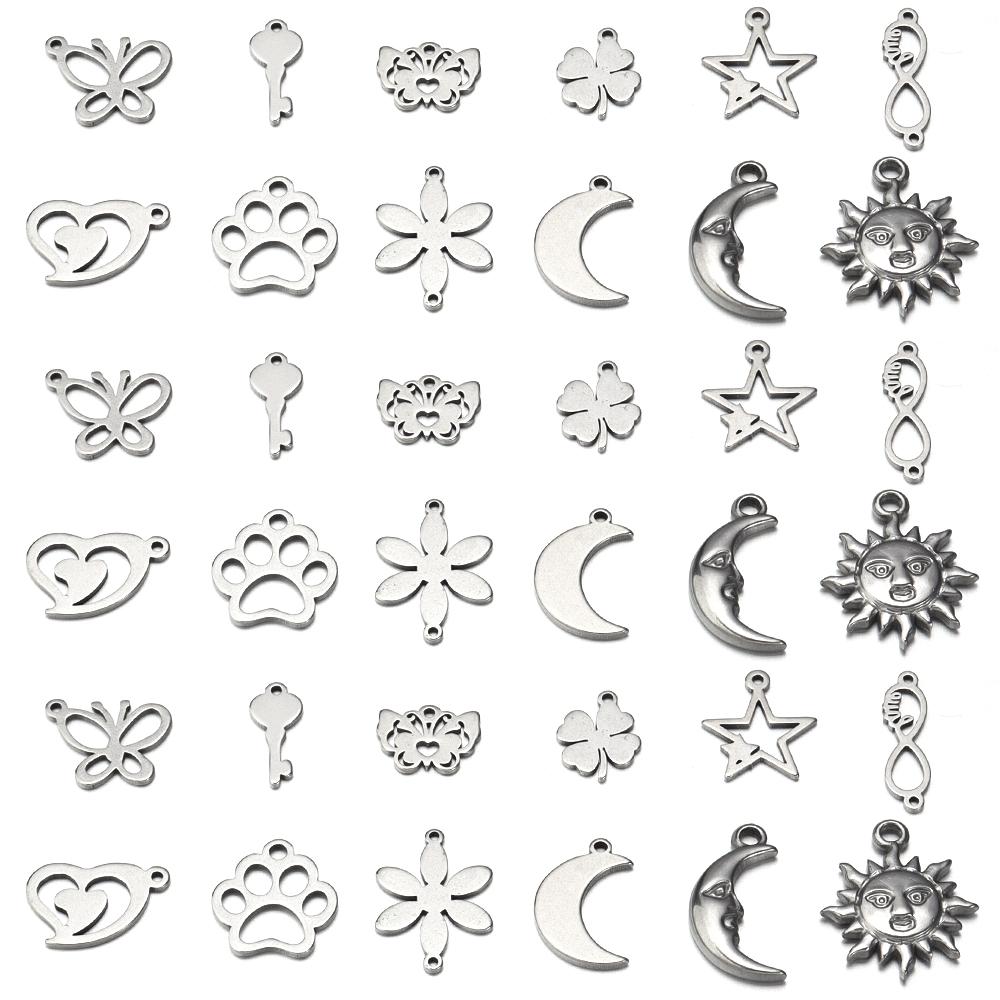 10pcs/lot Stainless Steel Charms Steel Color Pendants Butterfly Tree Heart Charms DIY Lucky Necklace Bracelet Jewelry Making