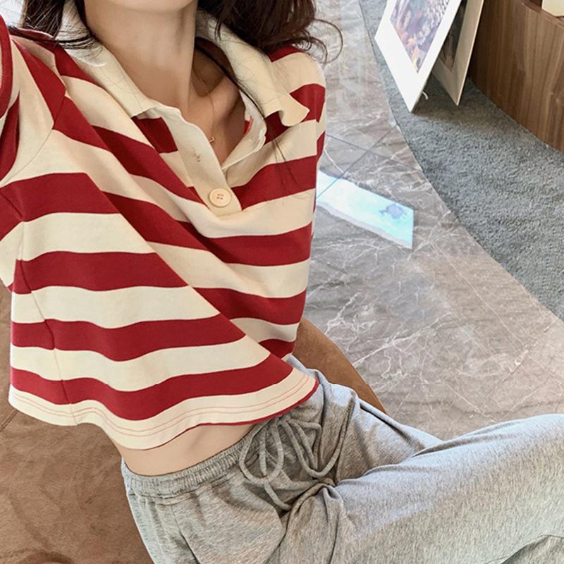 

Женская футболка с коротким рукавом и поло-воротником в черно-белую полоску - Летний дизайн 2025 L【90-105 kg】 красный