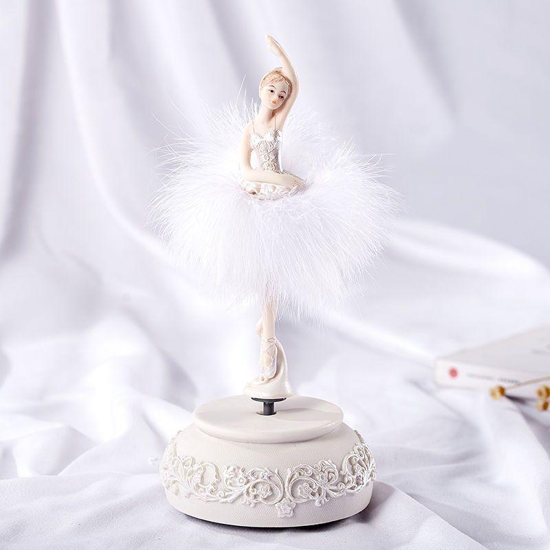White/Pink Ballerina Music Box Figurine Plays Swan Lake, Hand-Painted Ballet Girl Feather Skirt Musical Gift for Birthday