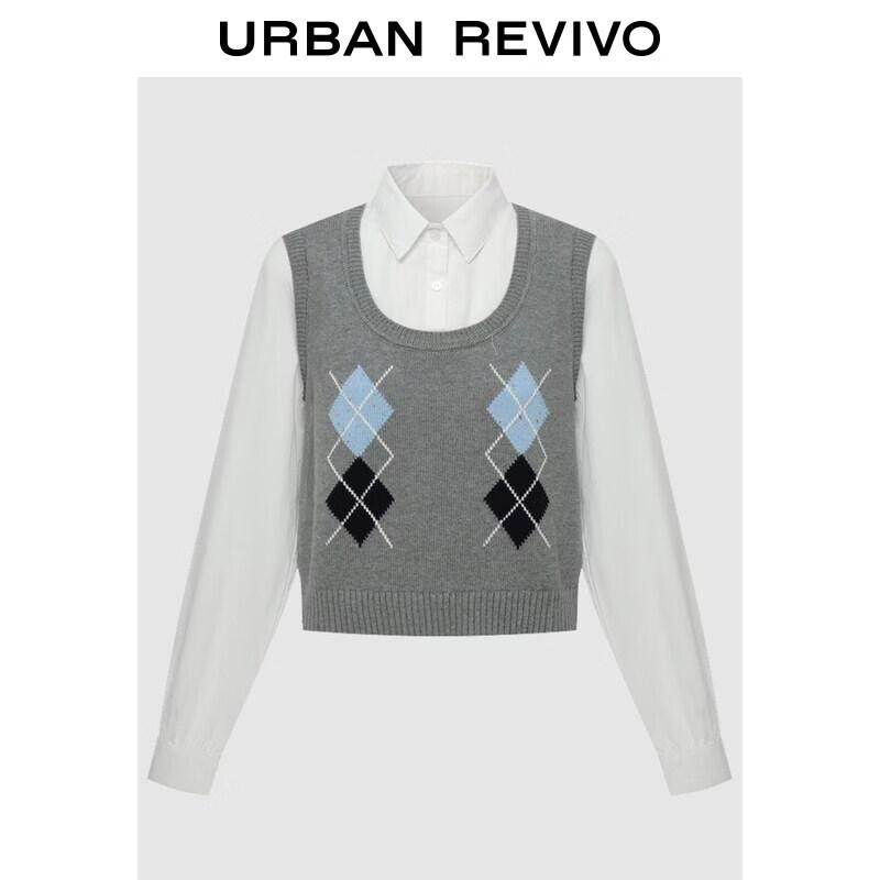 UR2026 Women s Contrast Argyle Faux Two-Piece Knit Sweater M