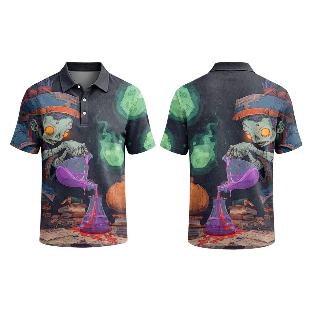 Men's Halloween Print Casual Short Sleeve Shirt Fashion Lapel Collar Relaxed Fit Lightweight Breathable Top for Everyday Wear
