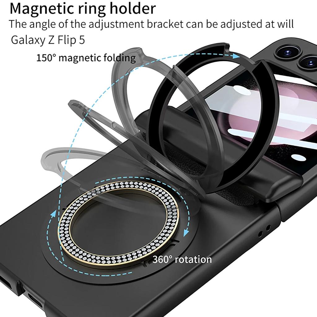 For Samsung Galaxy Z Flip 6 5 Case Magnetic Wireless Charging Matte Hinge Folding Ring Bracket Mirror Film Shockproof Hard Cover