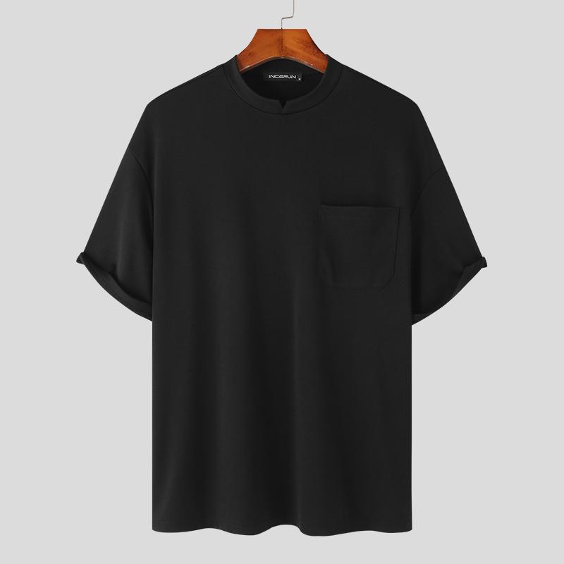 

INCERUN Летние мужские однотонные топы с круглым вырезом и короткими рукавами M чёрный