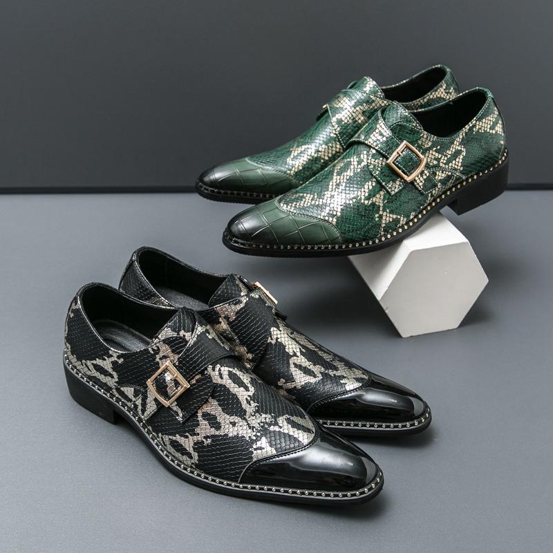 Cross-Border Plus Size Snake Print Leather Monk Strap Men's Shiny Pointed Toe Wedding Party Shoes