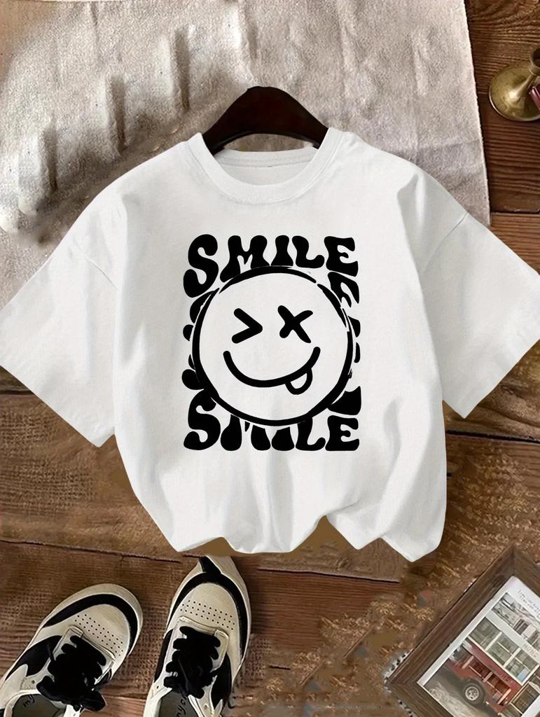 2026 Summer Fashion Round Neck Pure Cotton Tshirt for Girls with Letter Smiley Face Cute Shortsleeved Breathable Casual Top