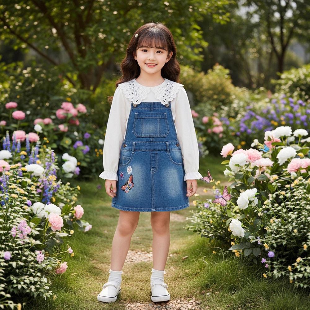 

Осеннее джинсовое платье-комбинезон для девочек - Модный европейский и американский стиль для детей 140 cm синий