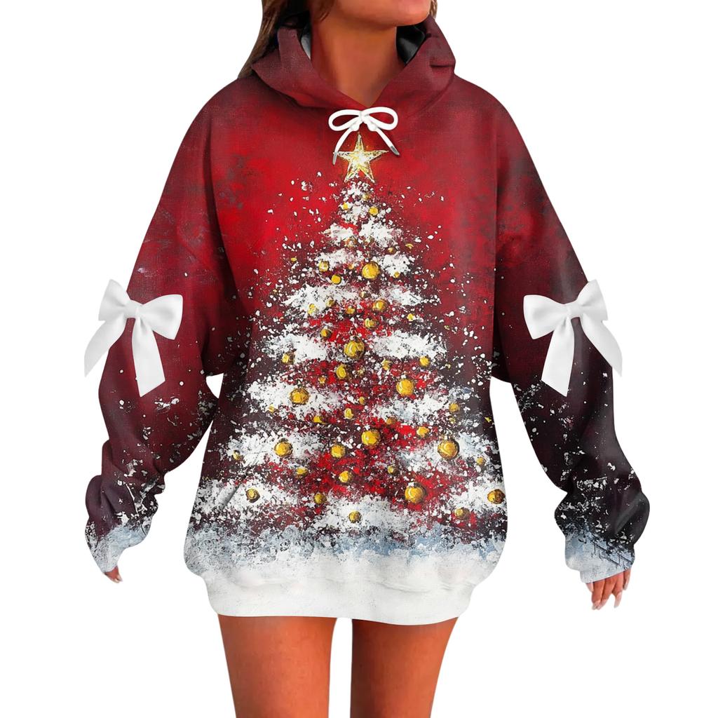 Ladies' Christmas Printed Bow Long Sleeved Loose Fitting Headband With Rope Hooded Sweatshirt Top