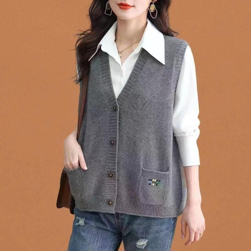 WTEMPO V-neck Knitted Buttons Vests Sleeveless Knitwear Coats Women's Autumn Winter Solid Color Casual Sweaters