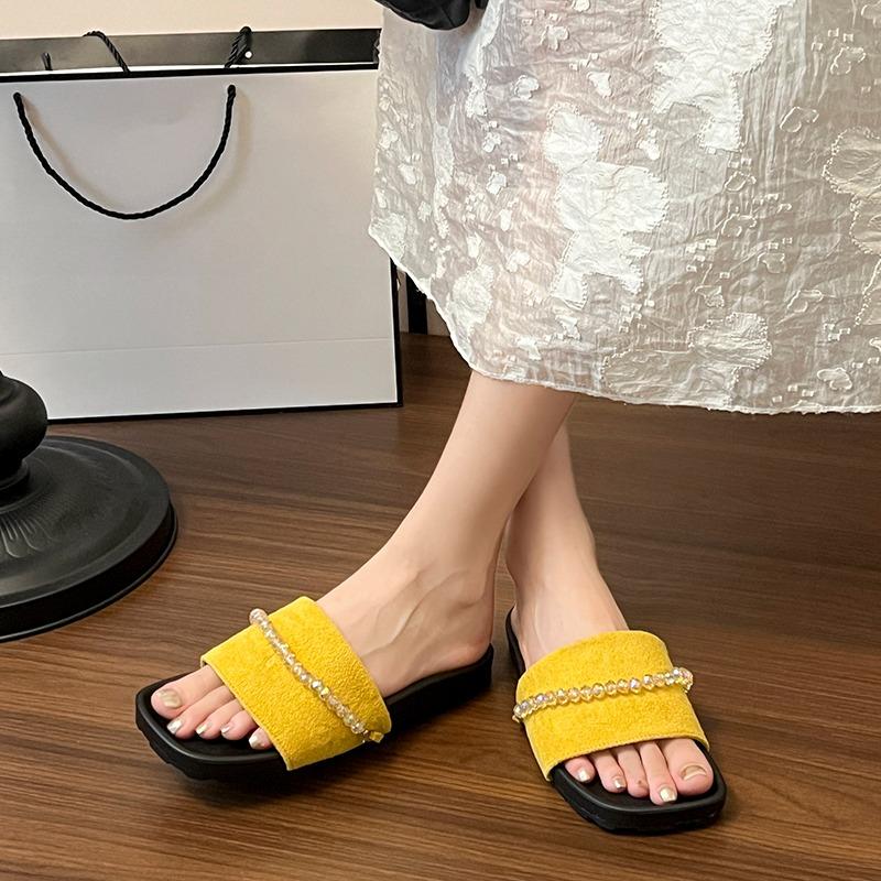 

Fashion Soft-soled Non-slip Flat Slippers New Summer Square Head Open Toe Suede Rhinestones One-strap Non-slip Wear-resistant Sandals 40 жёлтый