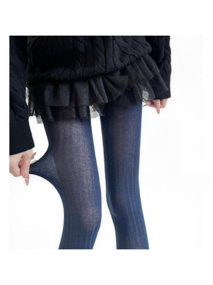 40-52kg Women Cotton Pantyhose 2025 Autumn Tights Oatmeal Color Wide Strip Navy Blue Vertical Pattern Transparent Leggings Micro