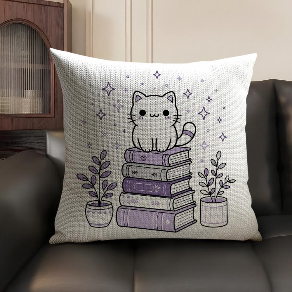 The Cat On the Book Cushion Cover Breathable Linen Organic Fabric DoubleSided Printing Sofa Pillow Case Home Decor