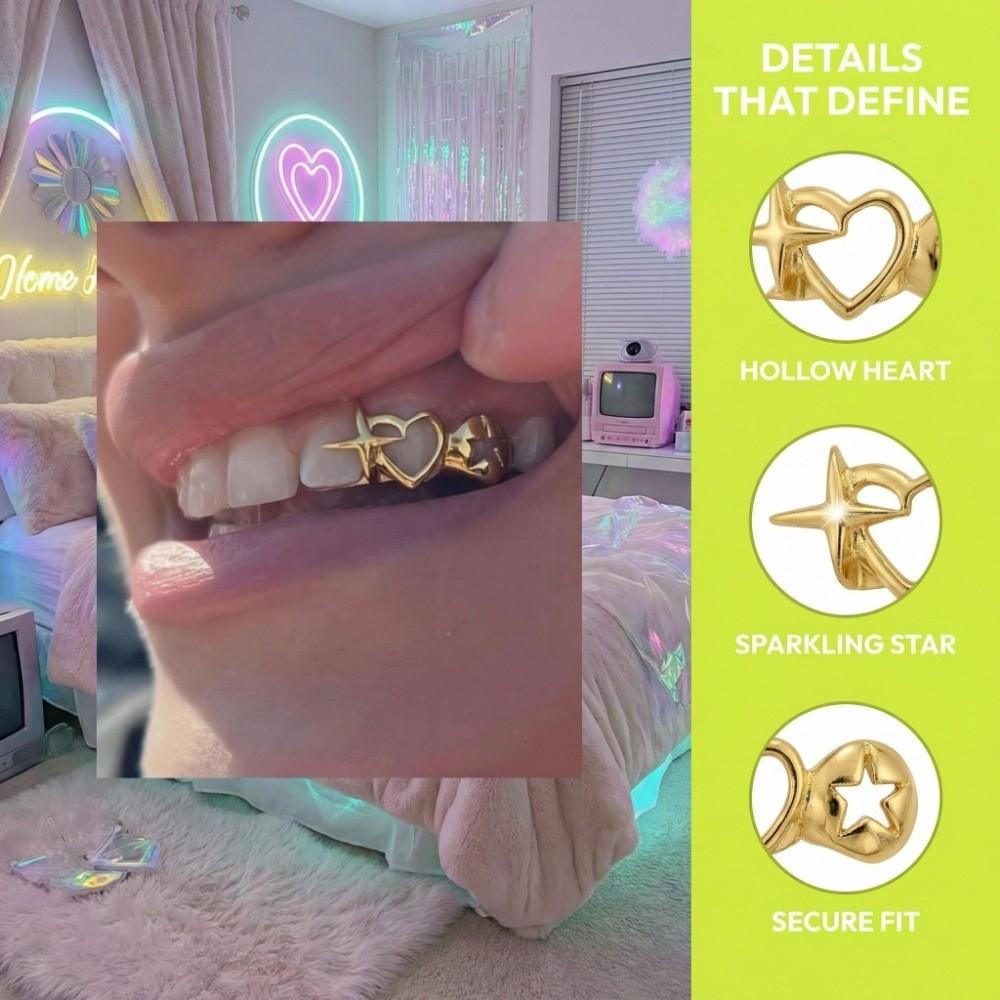 18K Goldplattiert Goldzahnkappe Hohl Ausgeschnitten Herz Zahn Schmuck Zähne Grillz Hip Hop
