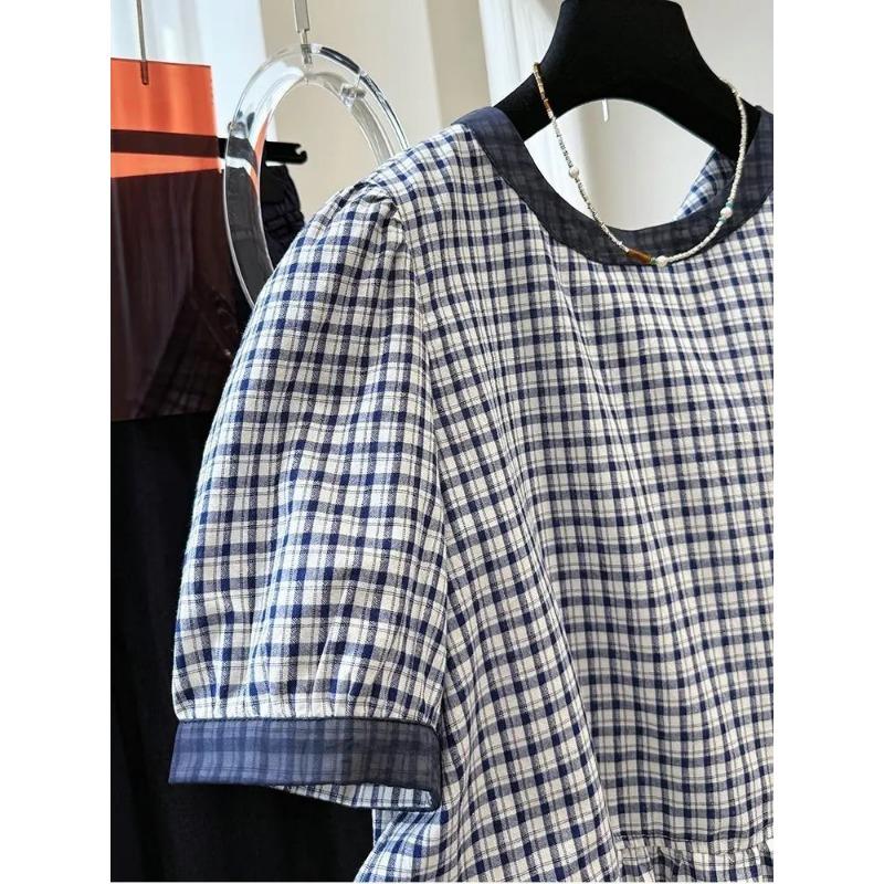 Women Plaid Print Puff Sleeve Blouse Round Neck Ruffle Hem Casual Top
