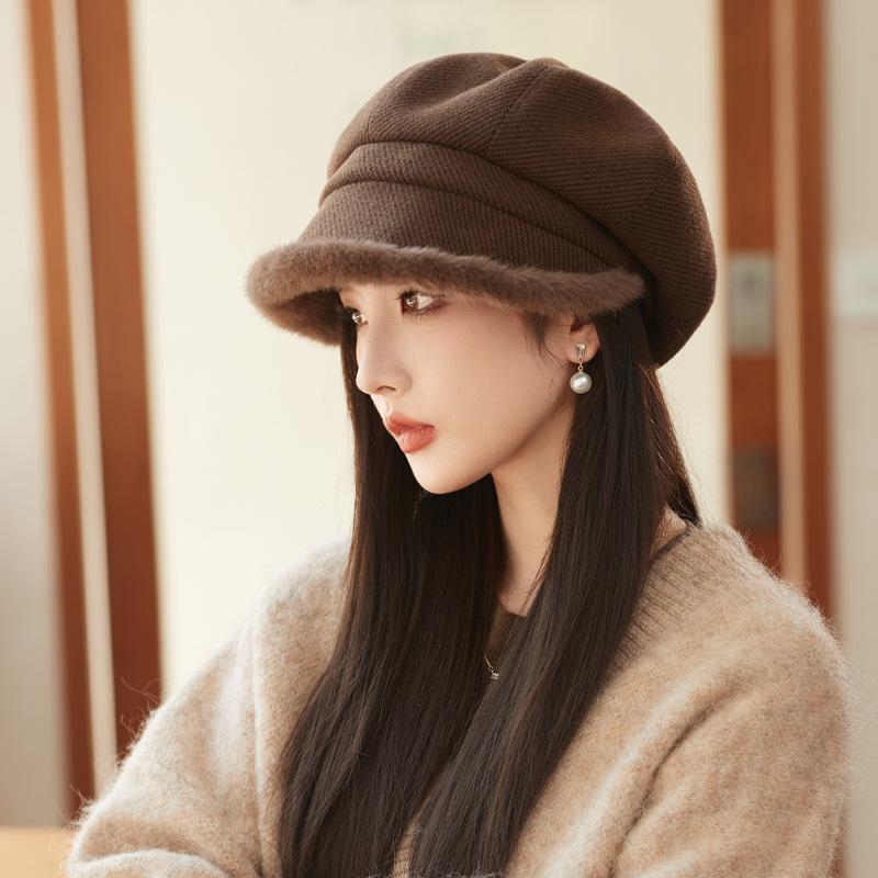 Autumn and Winter Hats for Women with High End Thick Plush Edge Octagonal Hat Solid Color Versatile Baseball Cap Warm Newspaper Baby Hat