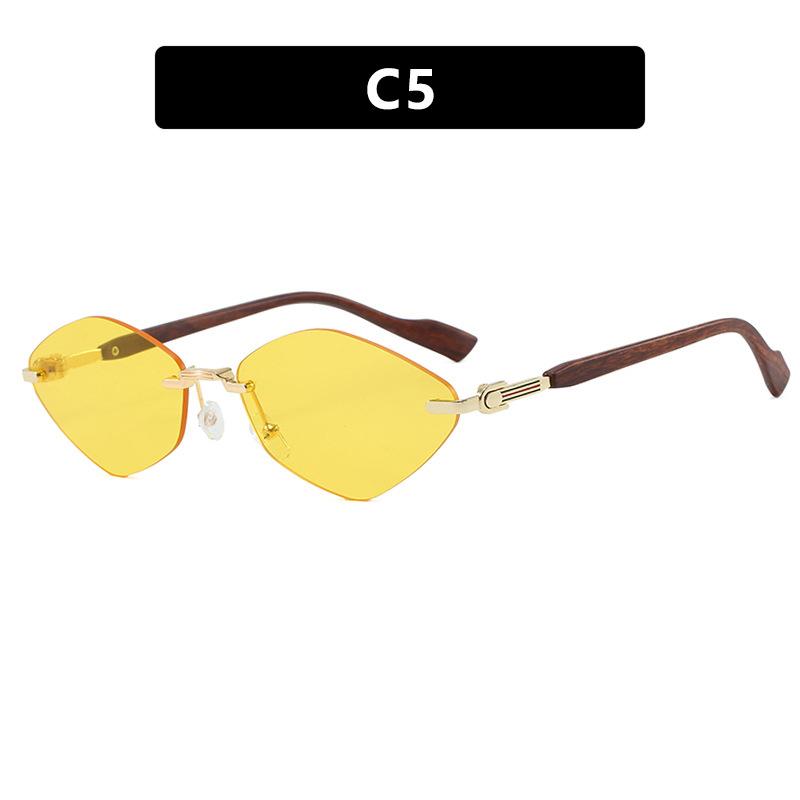 European and American rhombus frameless trimmed sunglasses metal sunglasses wood grain fashion sunscreen UV protection sunglasses women