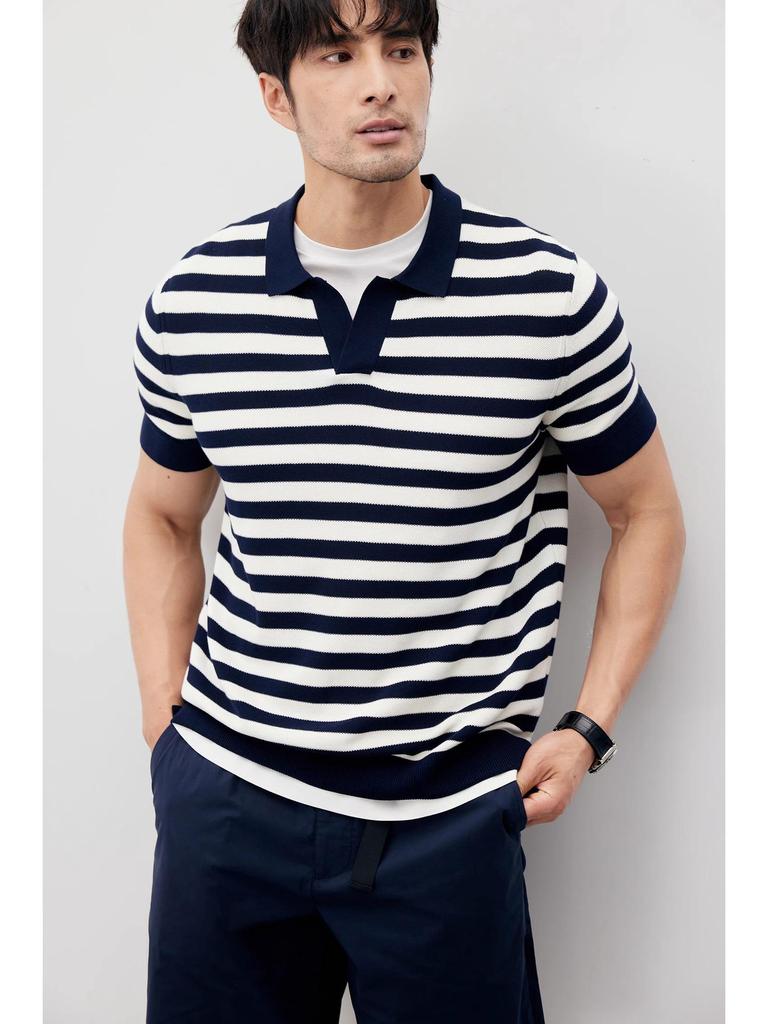 2024 Men's Striped Polo: Short-Sleeve, Versatile Round Neck Knit Shirt