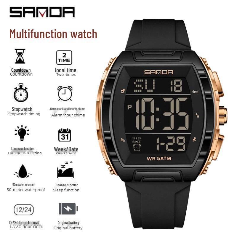 Sanda Men's Sports Watch - Luminous, 50M Waterproof, Electronic, Countdown Timer, Alarm, Calendar, Multifunction.